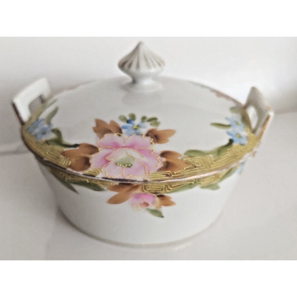 Vintage Hand Paint Gold Gilded Nippon Japan Lidded Bowl Rising Sun Mark 1920's
